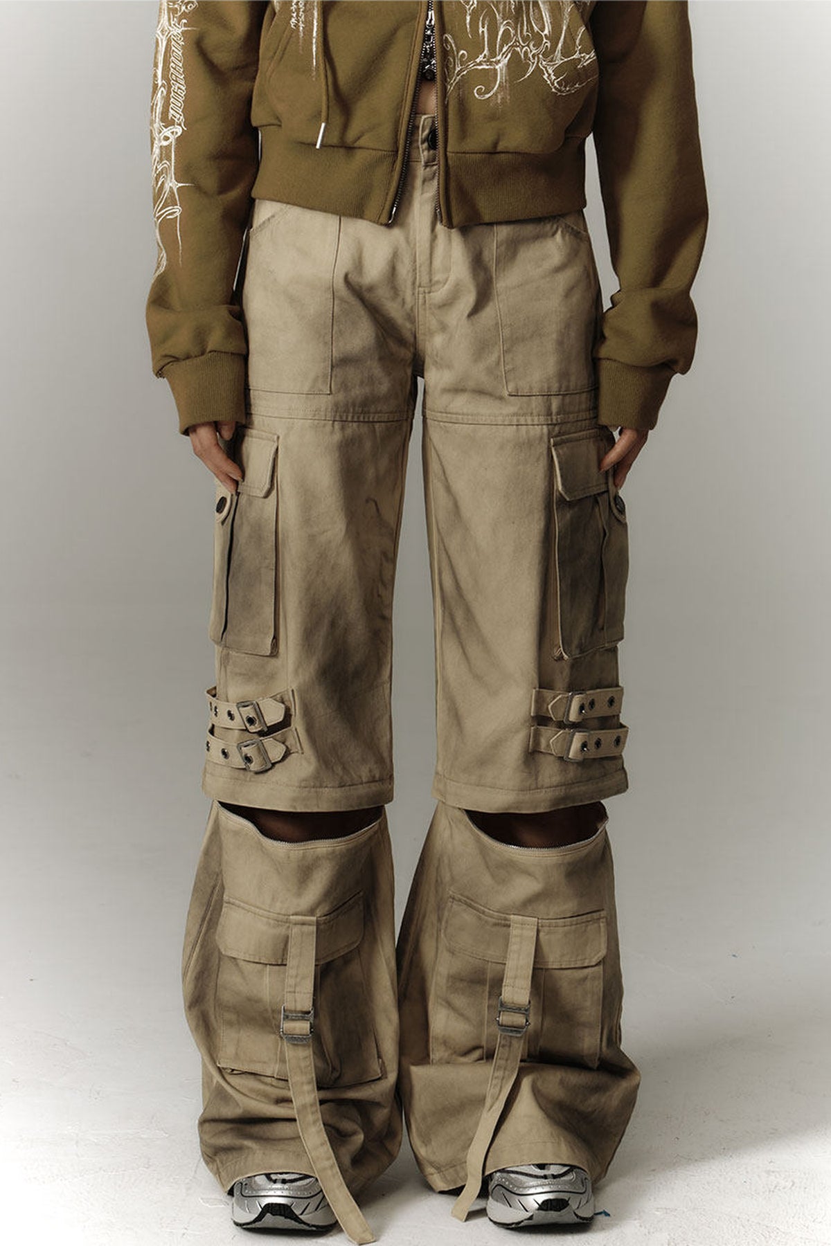 Detachable Washed Workwear Wide-Leg Pants