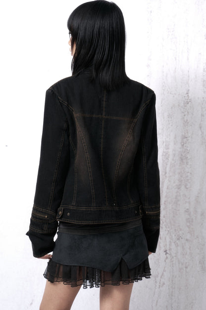 Washed Distressed Cross-Zipper Quilted Denim Jacket