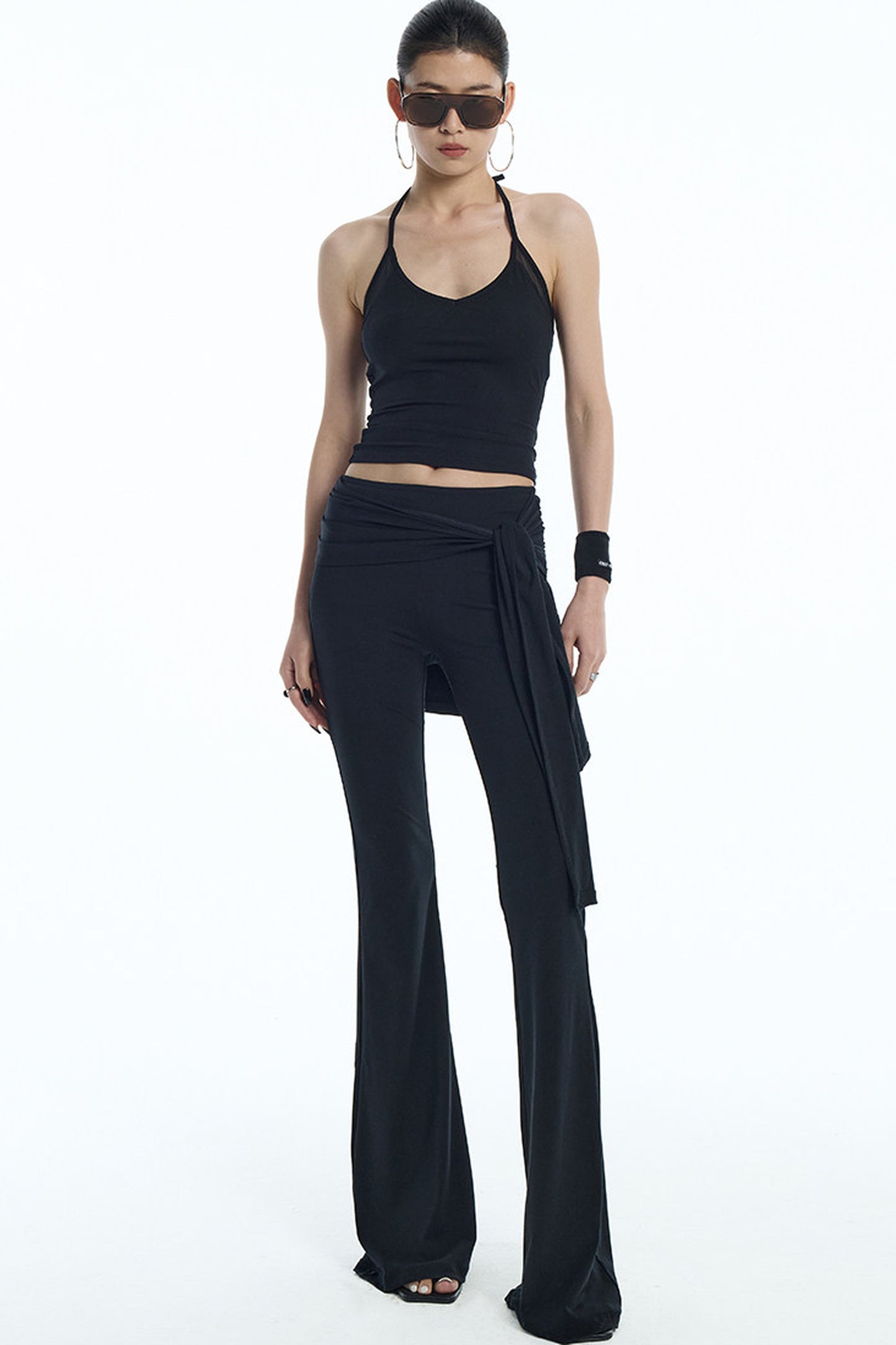 Black Mesh Halter Top And Flared Yoga Pants Set-Up