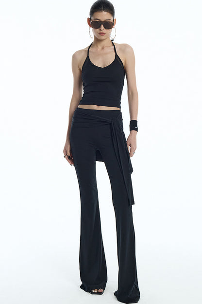 Black Mesh Halter Top And Flared Yoga Pants Set-Up