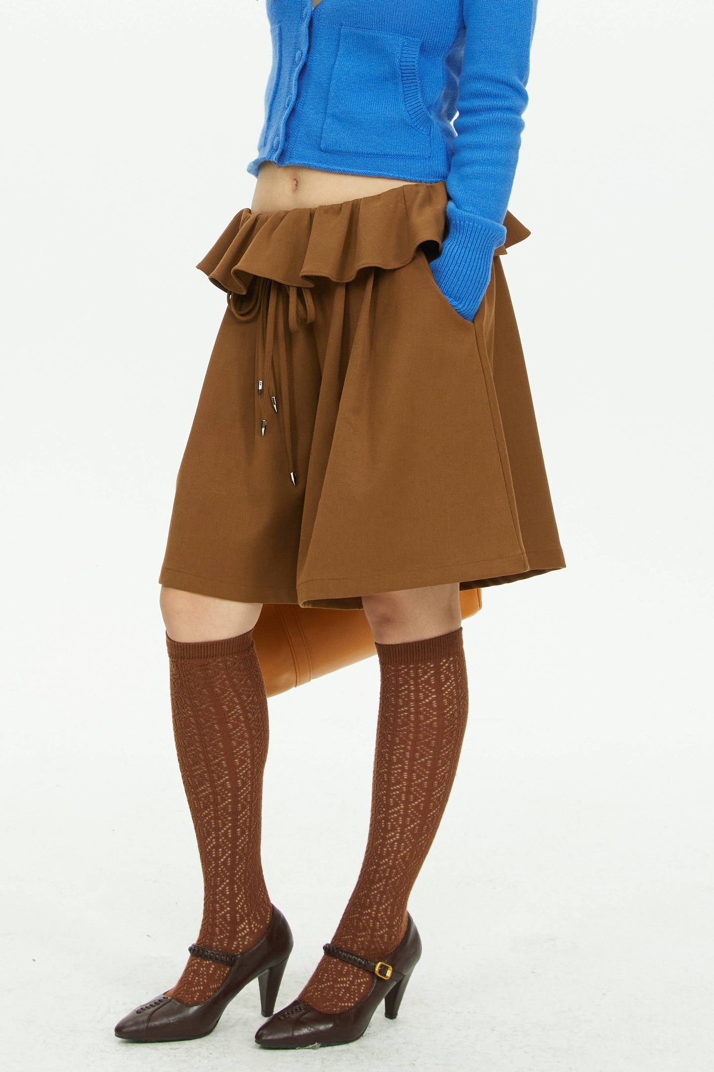 Brown Wide-Leg Ruffle Waist Shorts