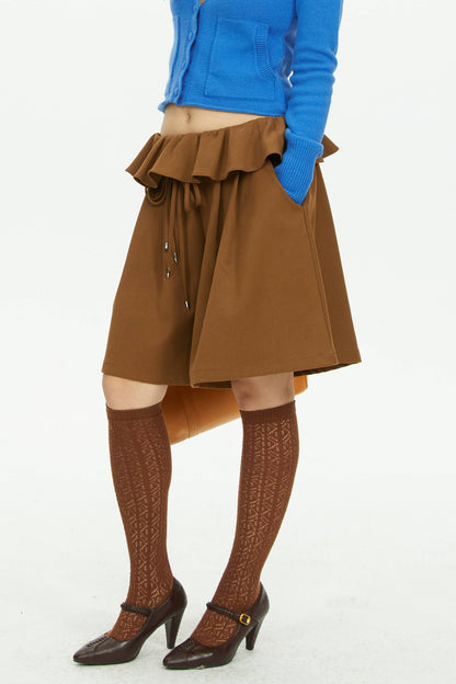 Brown Wide-Leg Ruffle Waist Shorts