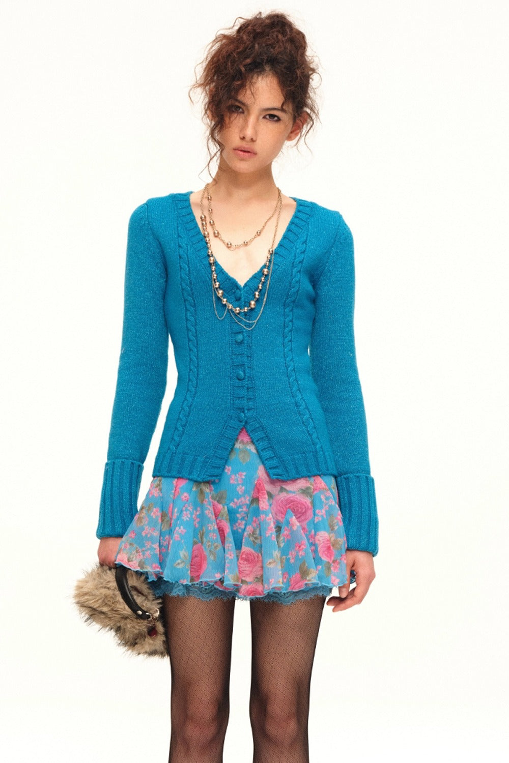 Printed Wool Knit Cardigan and Skirt Set-Up