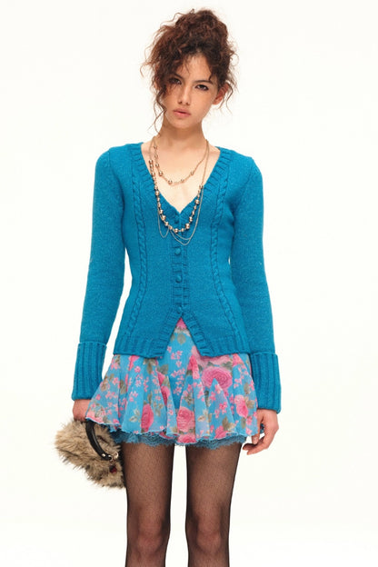 Printed Wool Knit Cardigan and Skirt Set-Up