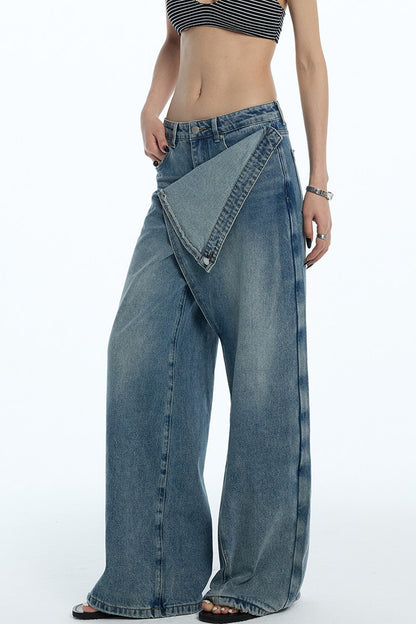 Asymmetrical Deconstructed Denim Wide-Leg Pants