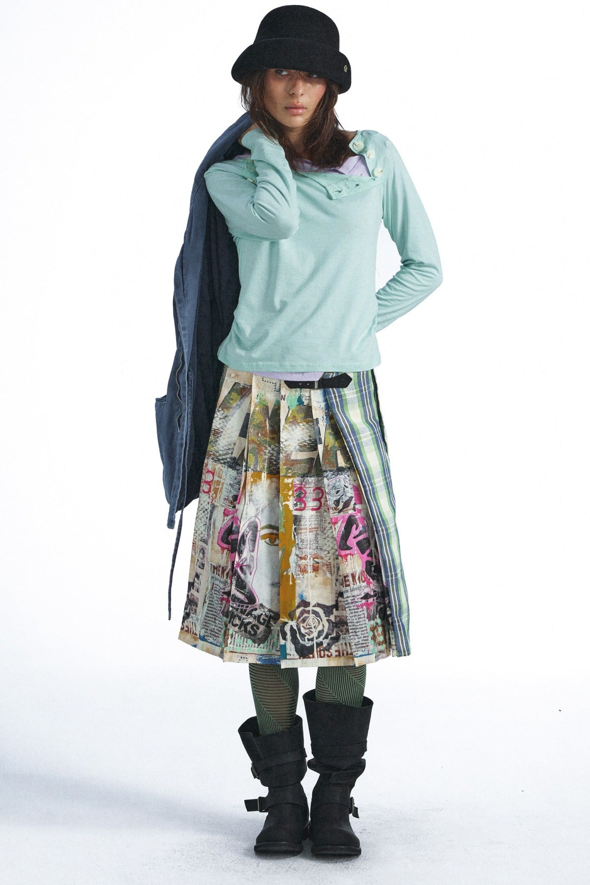 Graffiti Plaid A-Line Pleated Skirt