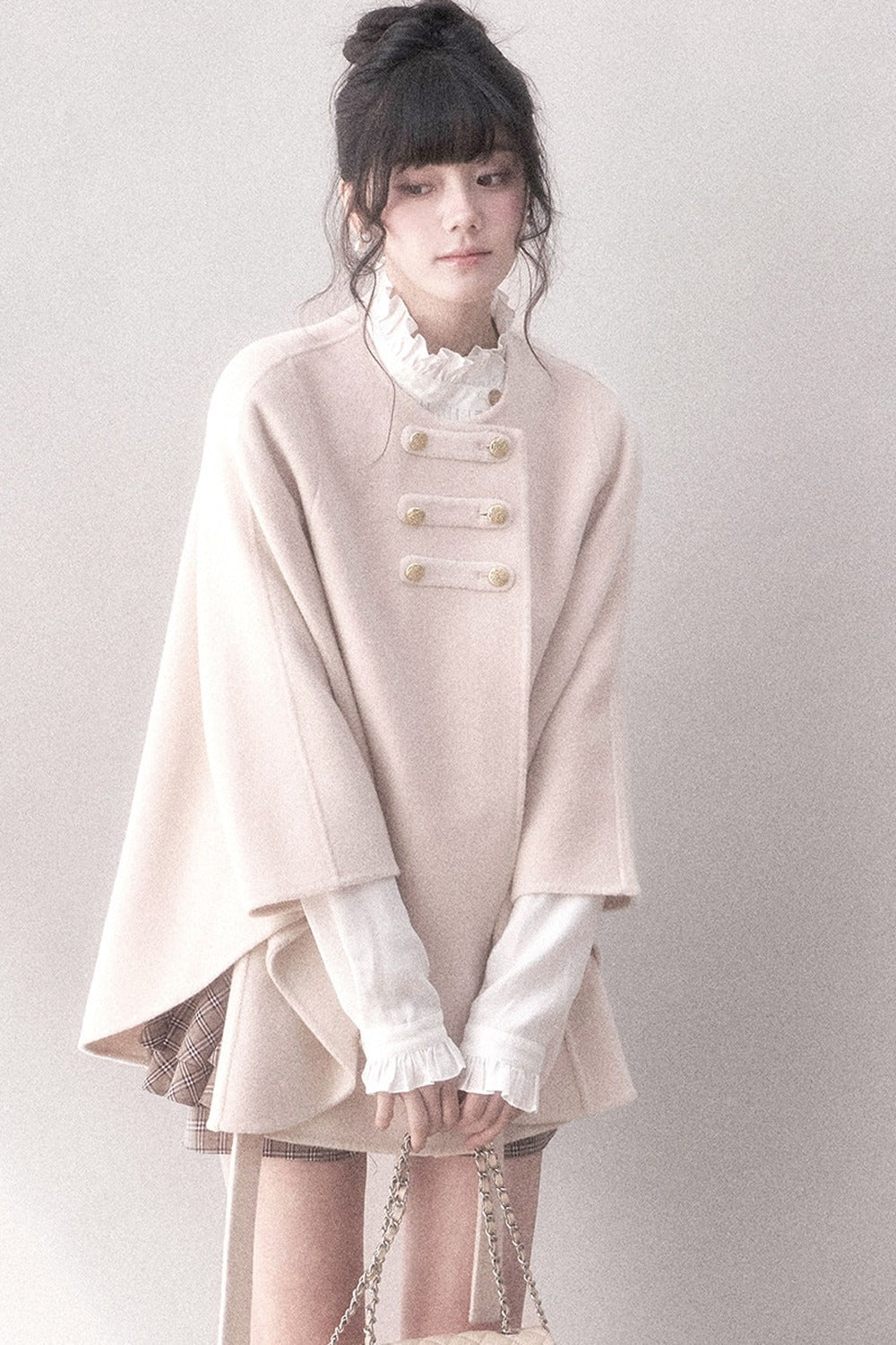 Double-Sided Wool Metal Button Cape Coat Set