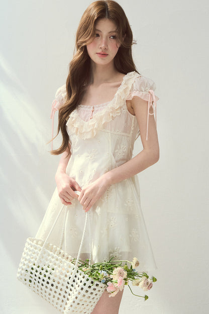 Rose Embroidered Square Neck Long Dress