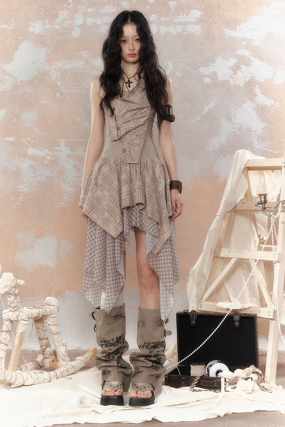 Plaid Asymmetrical Halter Dress