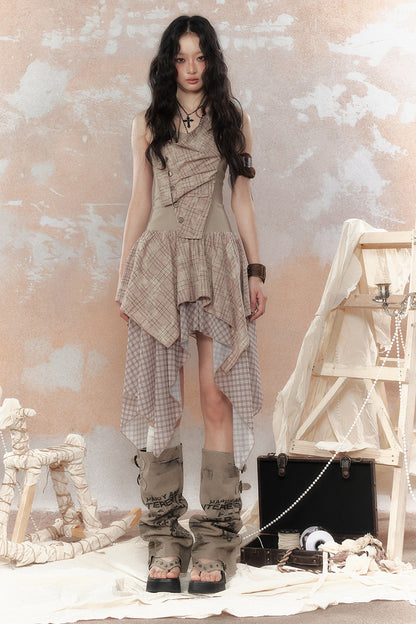 Plaid Asymmetrical Halter Dress