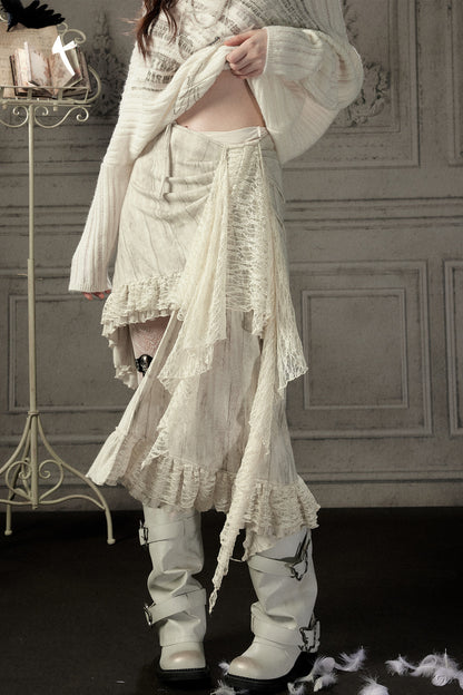 Beige Asymmetrical Lace Spliced Skirt