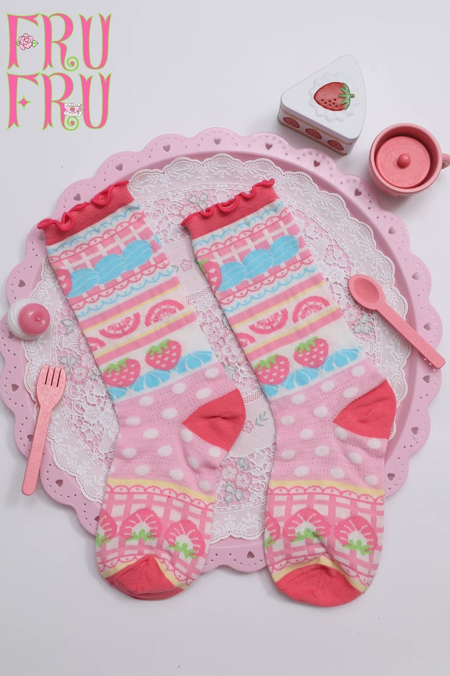 Cream Strawberry Cake Print Socks