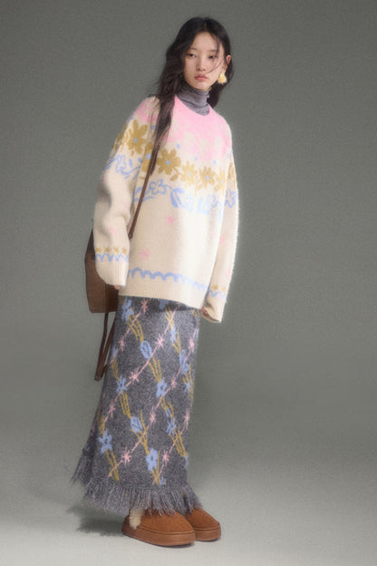 Retro Fair Isle Floral Jacquard Wool Sweater