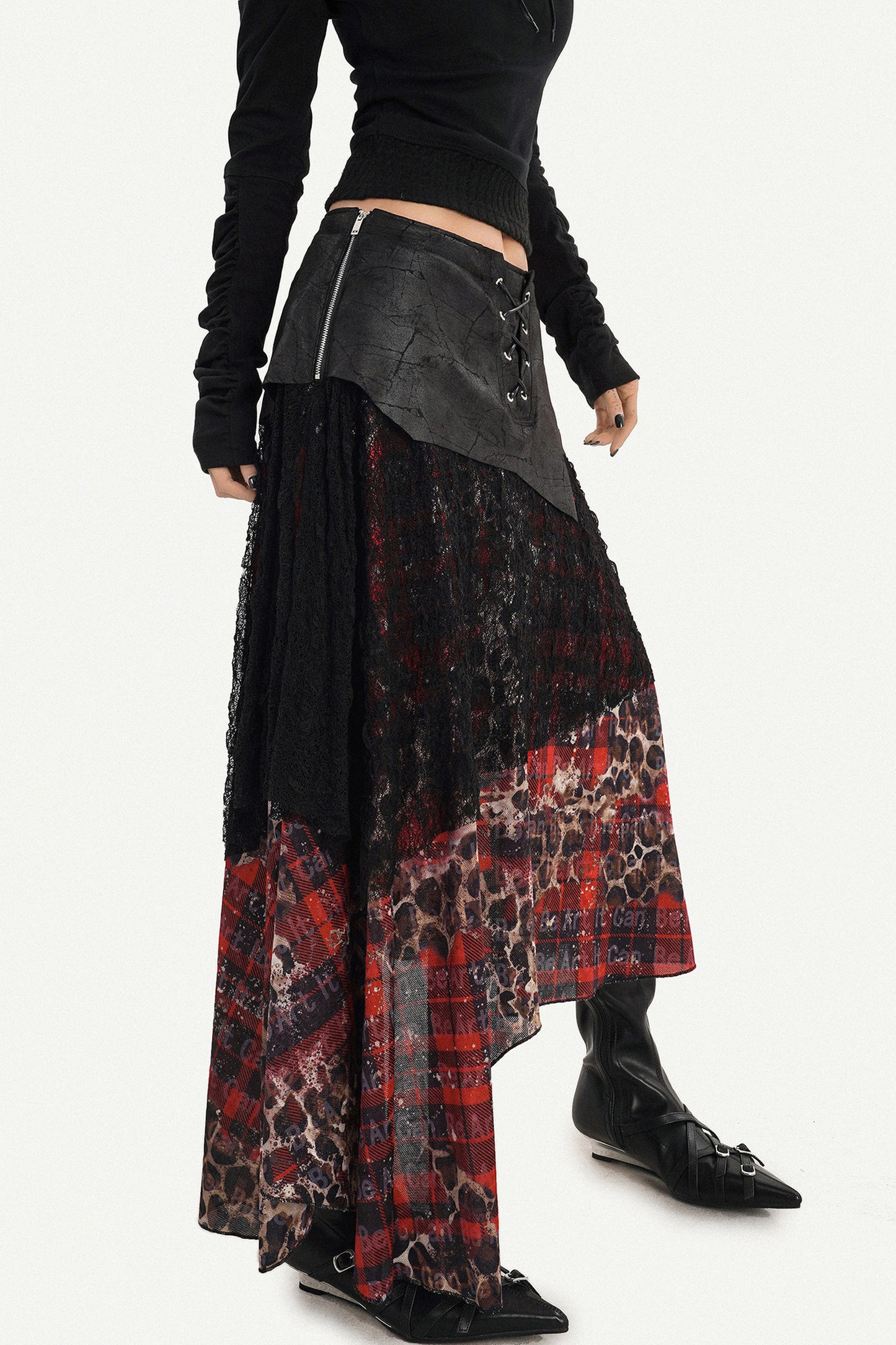 Dark Red Plaid Mesh Skirt and Top Set