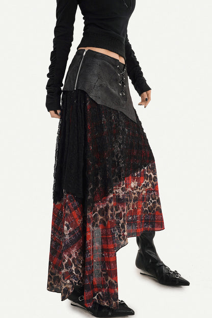 Dark Red Plaid Mesh Skirt and Top Set