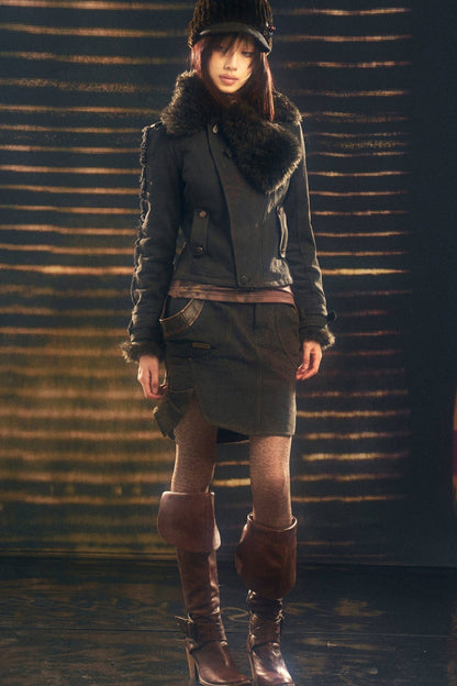 Set aus Jacke mit Used-Optik und Pelzkragen und kurzem Rock