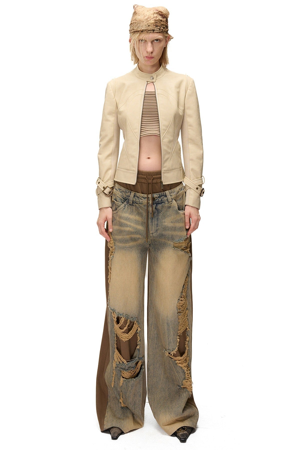 Slim-Fitting Functional Spliced PU Leather Jacket