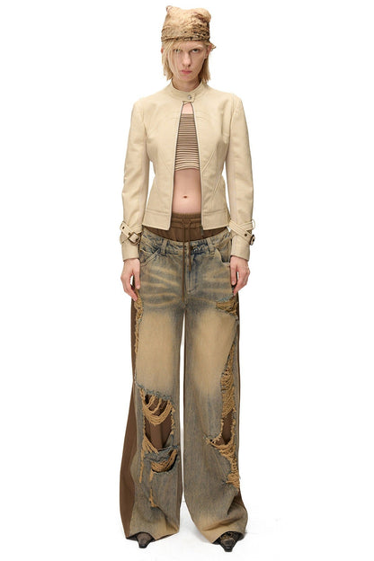 Slim-Fitting Functional Spliced PU Leather Jacket