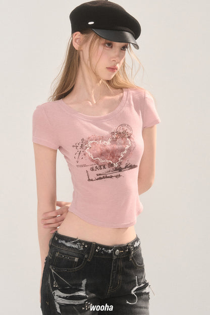 Heart Graphic Print Curved Hem Crop T-Shirt