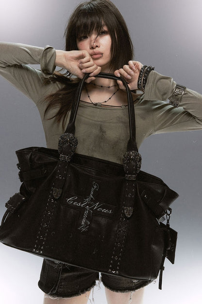Cross Rivet Leather Shoulder Bag