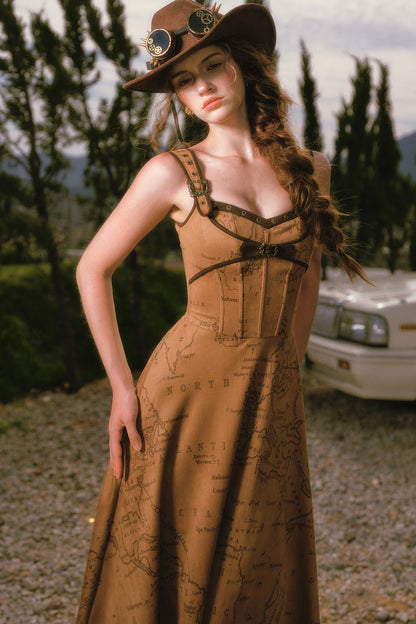 Gibraltar Map Boned Suspender Long Dress