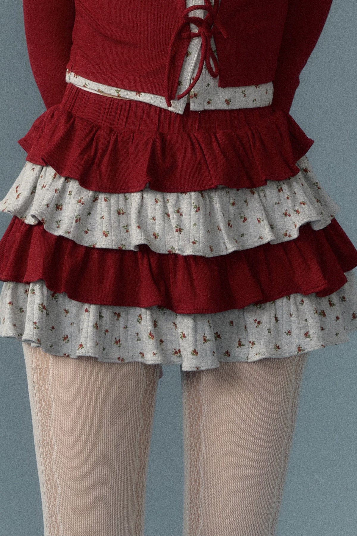 Floral Patchwork Knit Cardigan and Lace-Up Skirt Set-Up