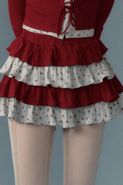 Floral Patchwork Knit Cardigan and Lace-Up Skirt Set-Up