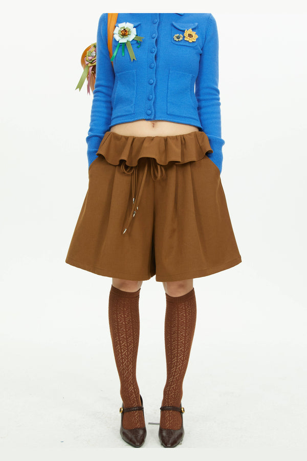 Brown Wide-Leg Ruffle Waist Shorts