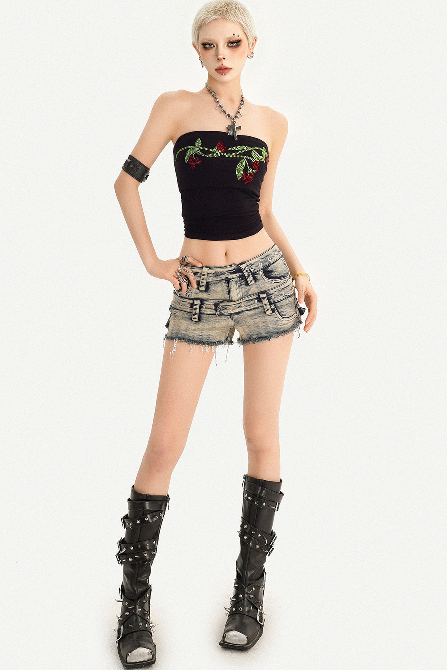 Rhinestone Floral Strapless Top