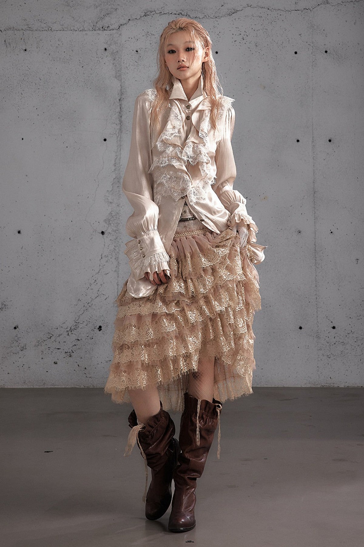 Ruffled Lace Patchwork Satin Blouse