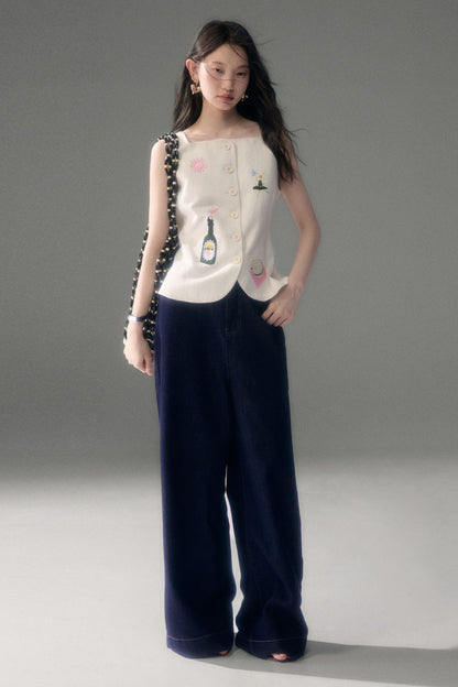 Ear Detail Tencel Cotton Embroidered Vest and Shorts Set-Up