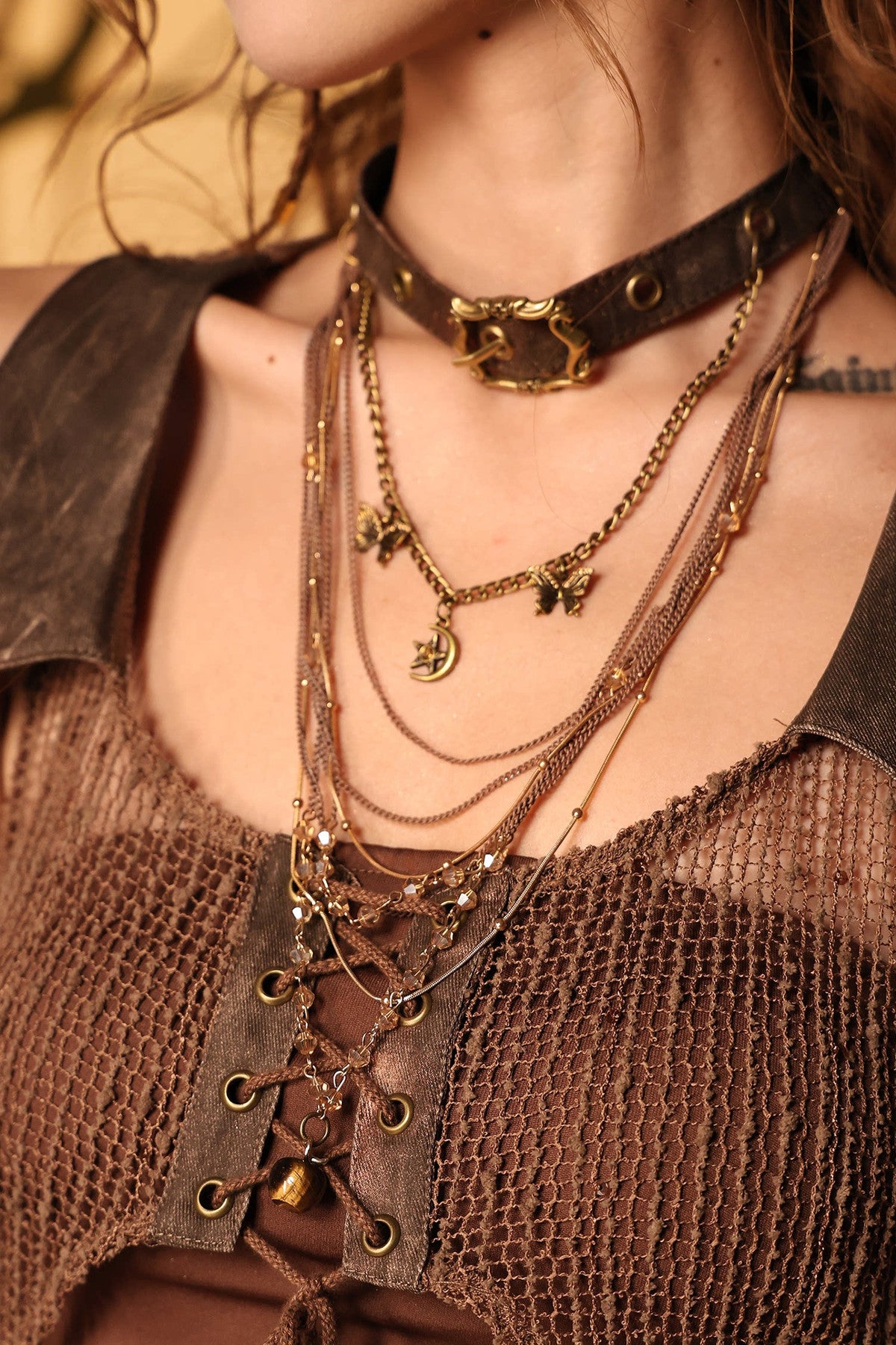 Multi-Layered Long Necklace Punk Denim Bracelet Set-Up