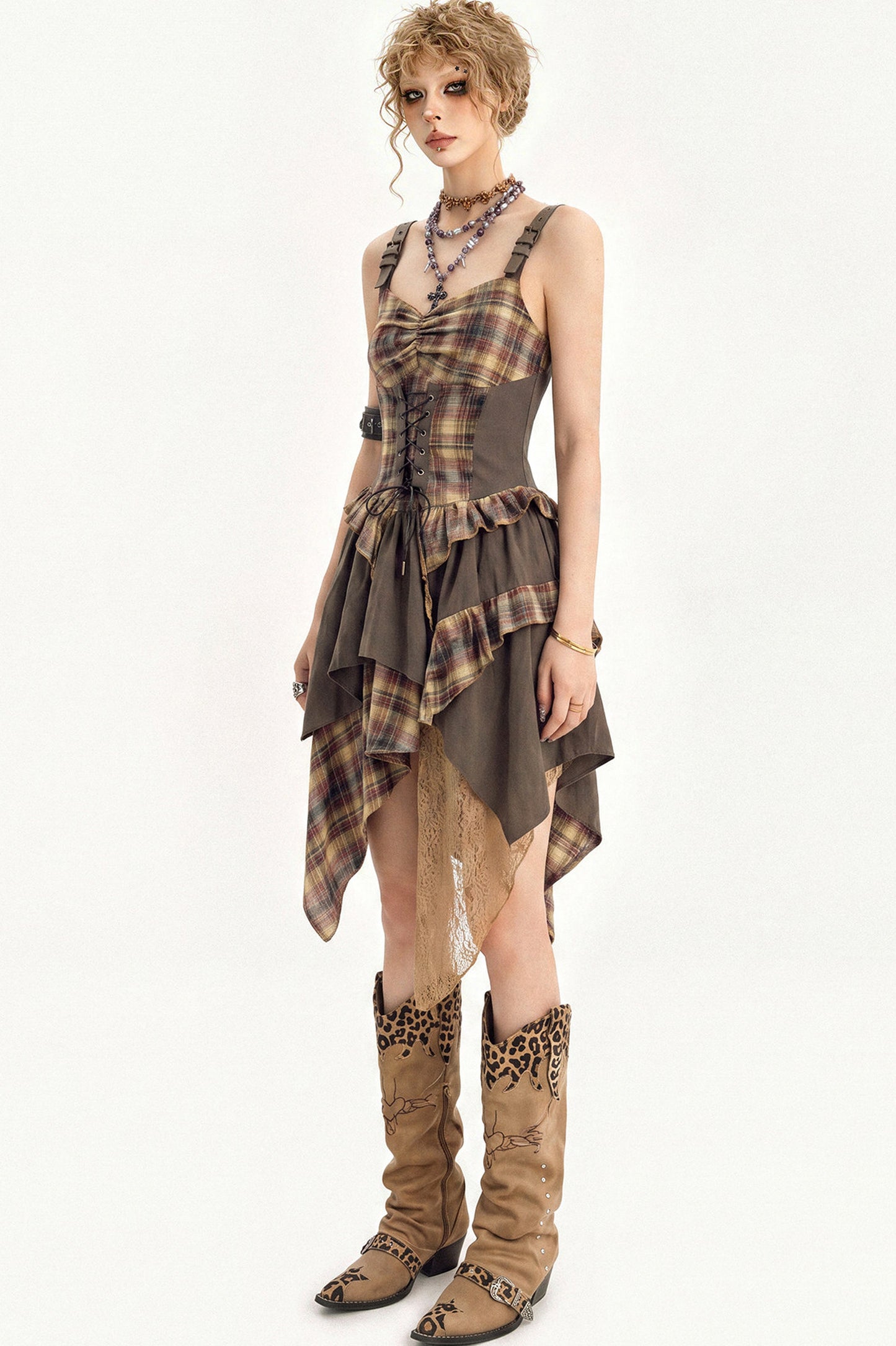 Plaid Tie Waist Irregular Dress