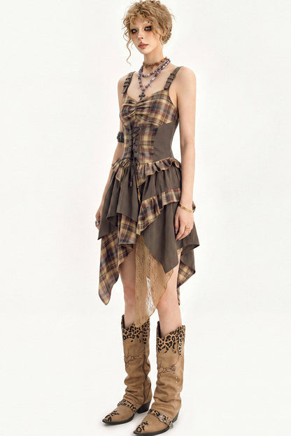 Plaid Tie Waist Irregular Dress