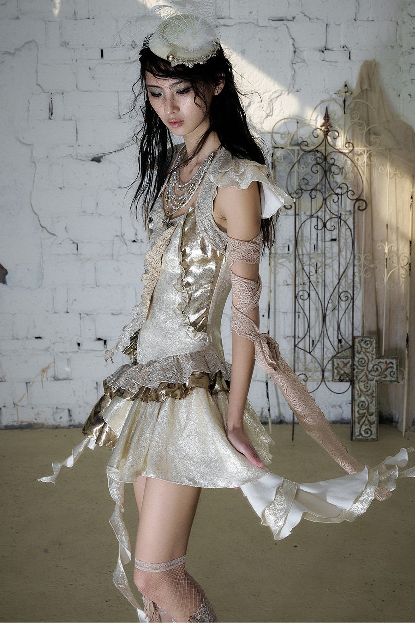 Baroque Gold Satin Ruffle Dress