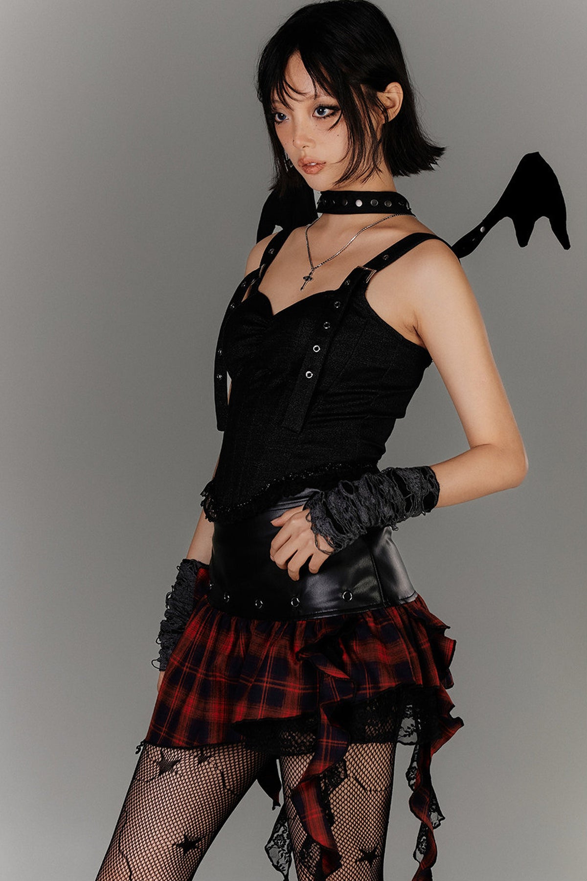 Irregular Hem Ruffle Patchwork Plaid Skirt