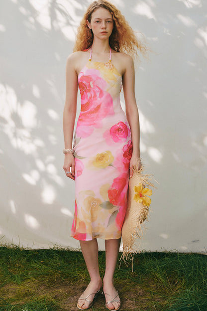 Watercolor Floral Halter Maxi Dress