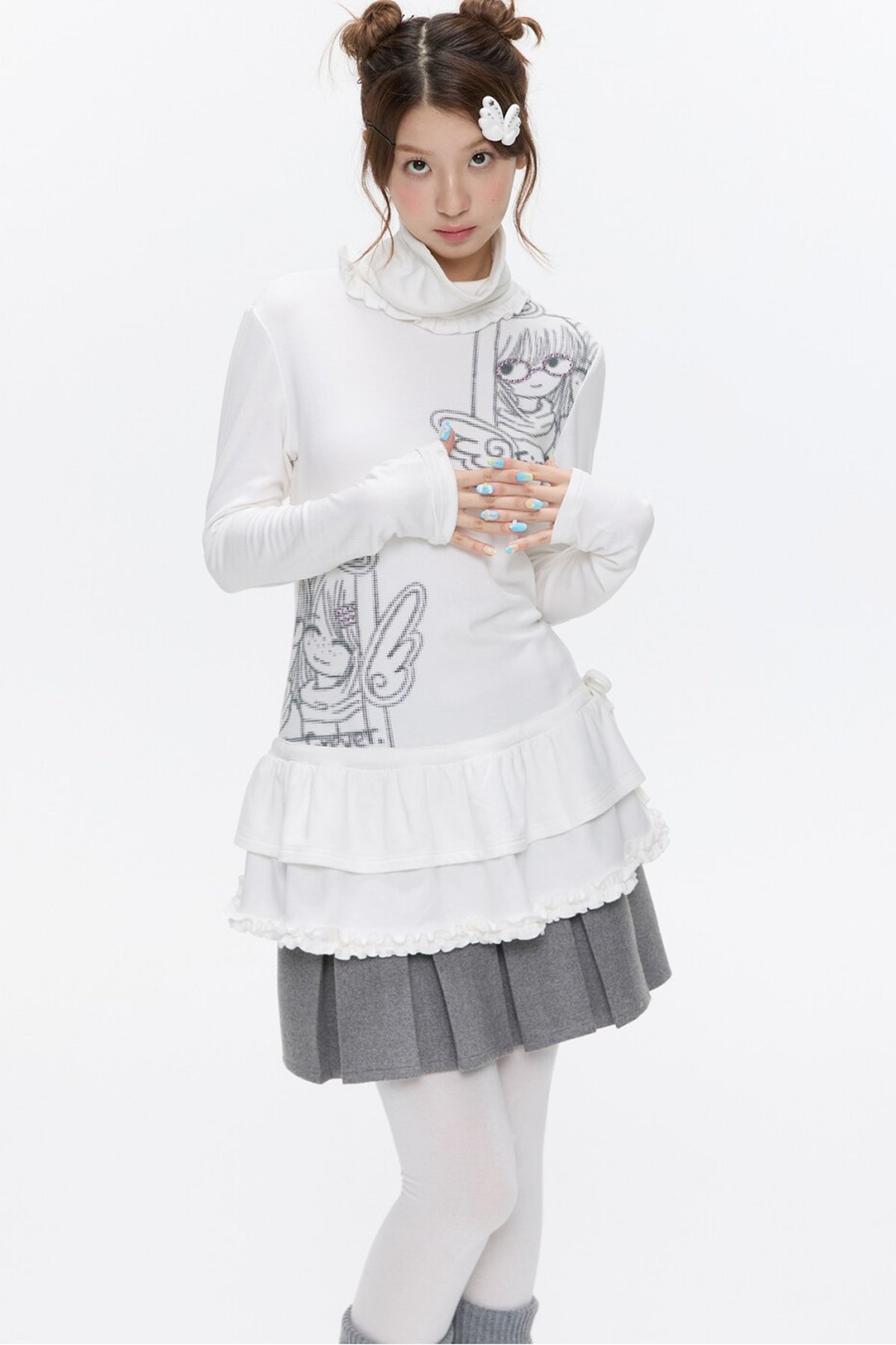 White Half-Turtleneck Printed Top