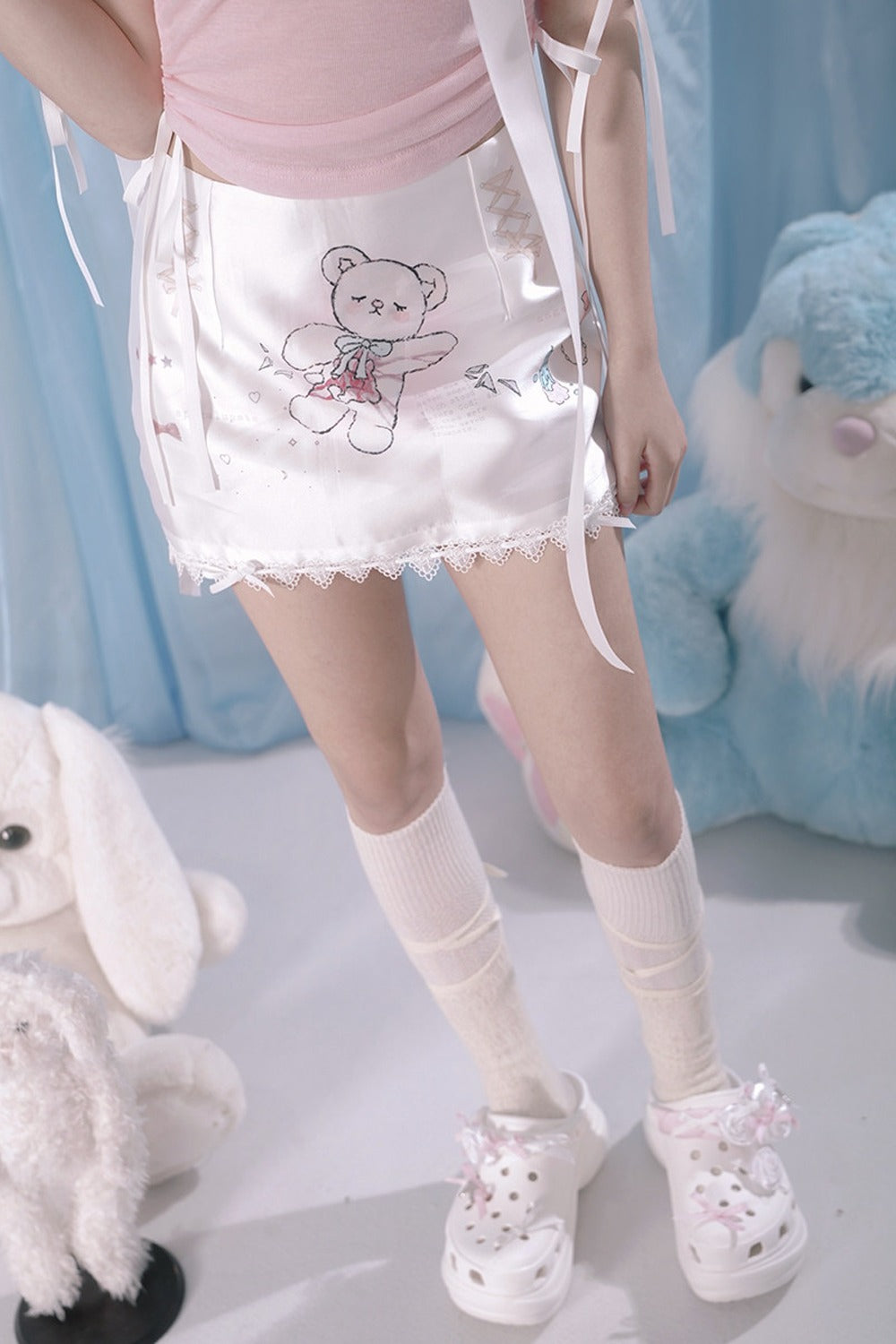 곰 프린트 리본 미니 스커트