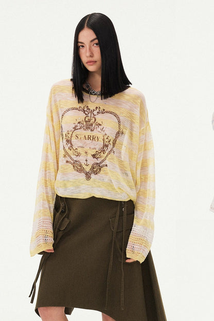 Knotted Heart Striped Knit Blouse