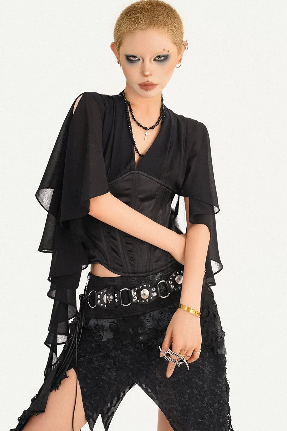 Elegant Structured Black V-Neck Blouse