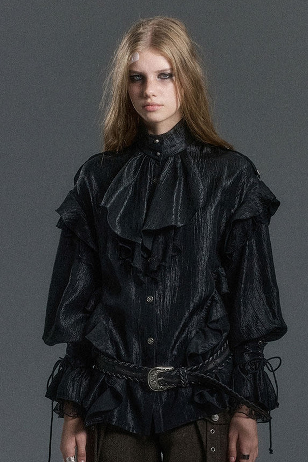 High Collar Ruffle Acetate Shirt