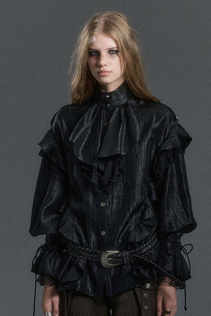 High Collar Ruffle Acetate Shirt