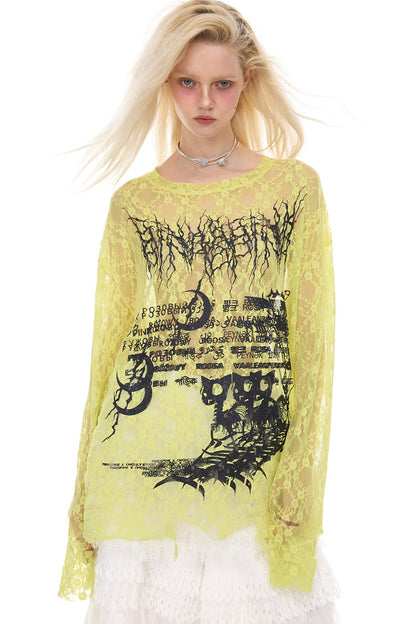 Loose Ripped Lace Cat Print Tee