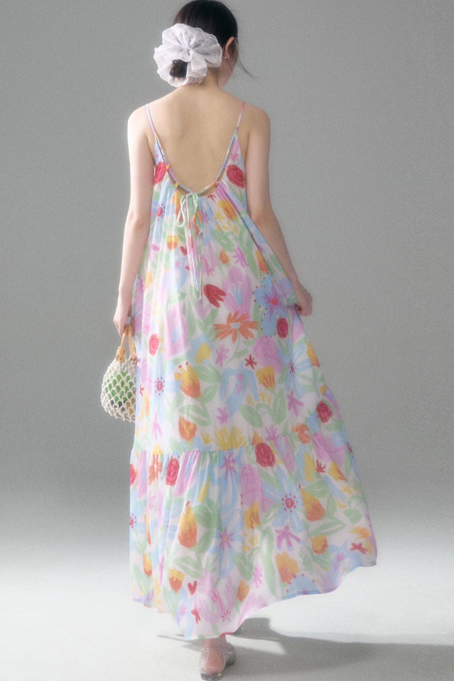 Hand-Painted Watercolor Flower Print Strap Dress