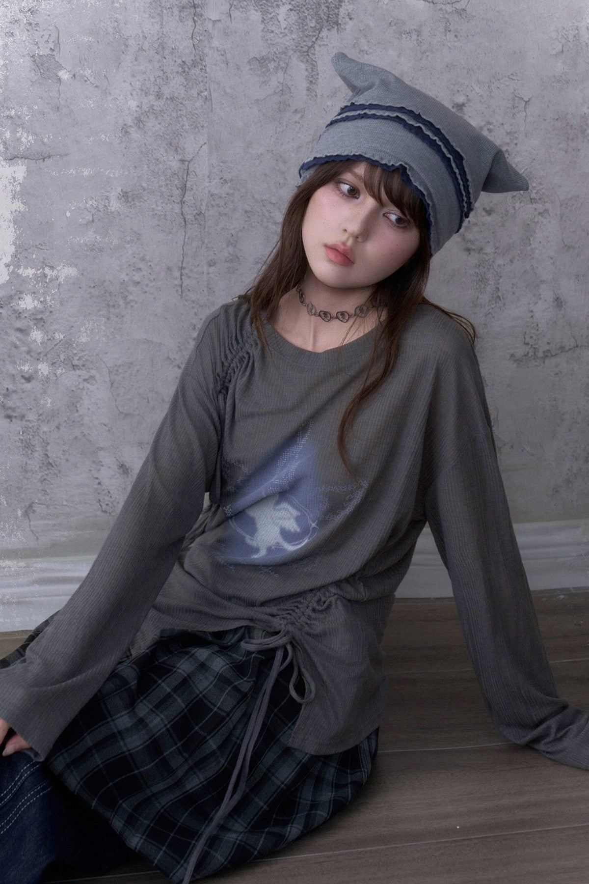 Gray Unicorn Drawstring Irregular T-shirt