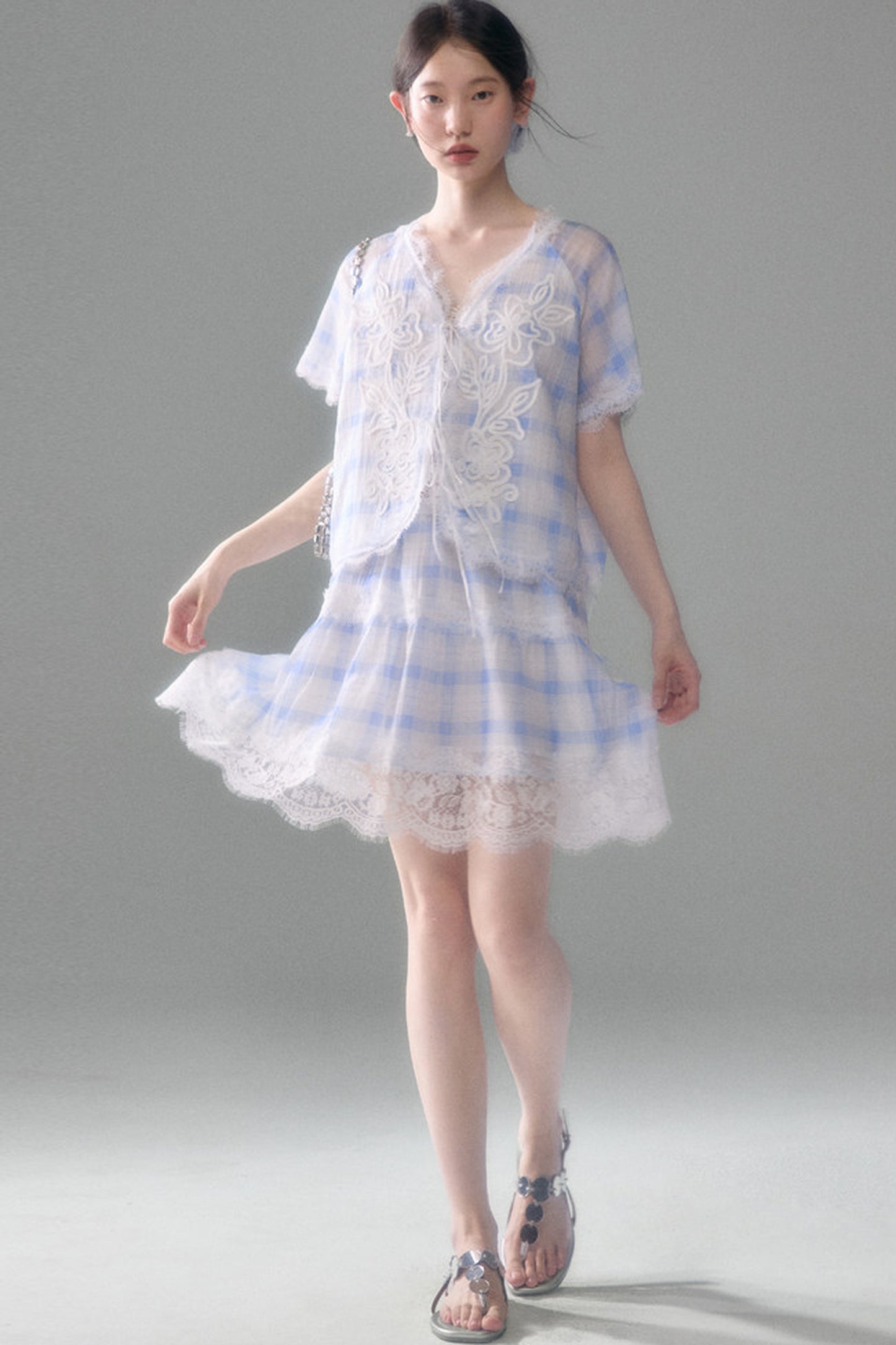 Blue White Checkered Lace Tencel Top Skirt Set-Up