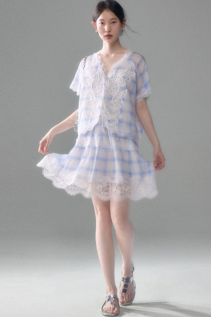 Blue White Checkered Lace Tencel Top Skirt Set-Up