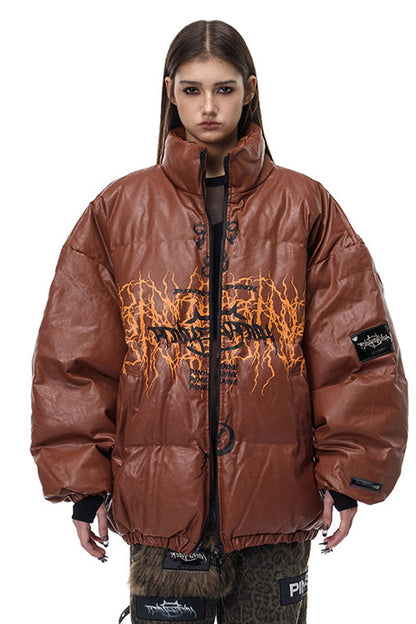 Logo PU Leather Motorcycle Puffer Jacket