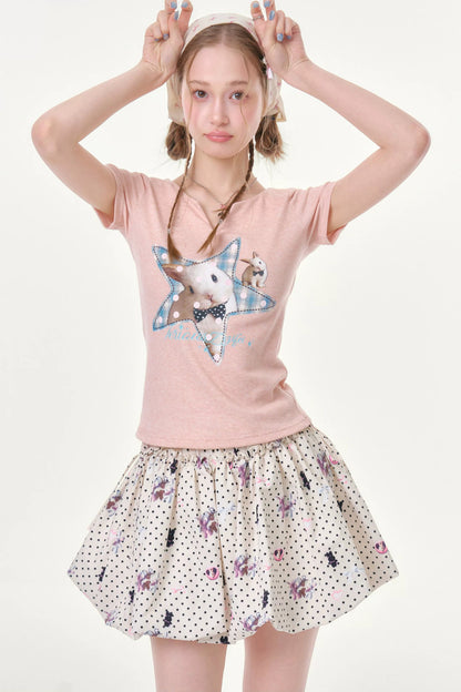 Star Rabbit Pink V-Neck T-Shirt